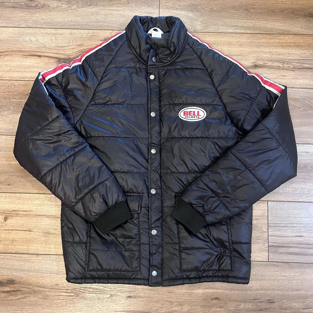 Bell Helmets Racing Zip Up Bomber Black Puffer Jacket Coat Moto Red Striped 2XL